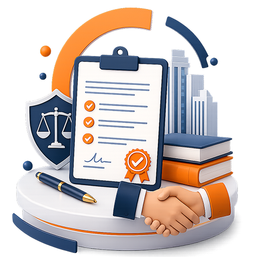 Illustration of two hands shaking below a signed SLA document clipboard, legal scales shield icon, corporate buildings, books, and pen
