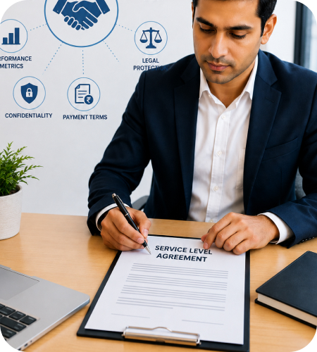 Corporate professional signing a Service Level Agreement document on a desk surrounded by graphic icons representing performance metrics, legal protection, payment terms, and confidentiality