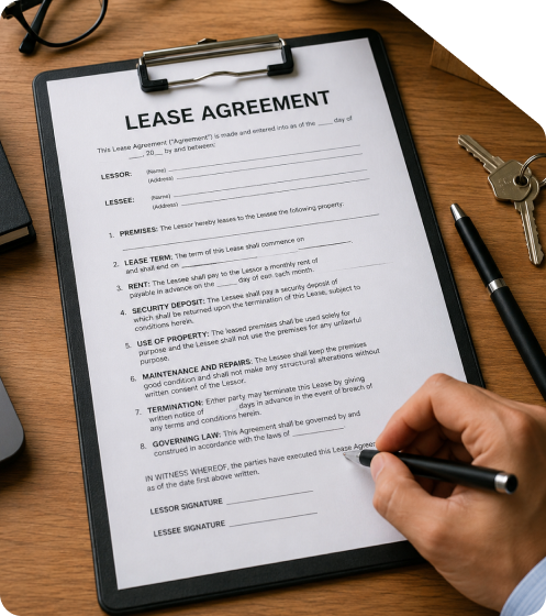 Person signing a printed Lease Agreement contract on a black clipboard alongside a pair of eyeglasses, executive pen, and brass keys on a wooden desk