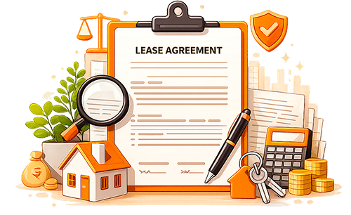 Illustration of a signed Lease Agreement document on a orange clipboard alongside a magnifying glass, miniature house, money bag, pen, calculator, stacked gold coins, keys, and security shield icon