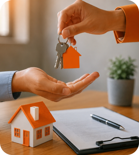 Person handing over brass keys to another hand above a miniature orange house model, printed lease agreement on a clipboard, and executive pen