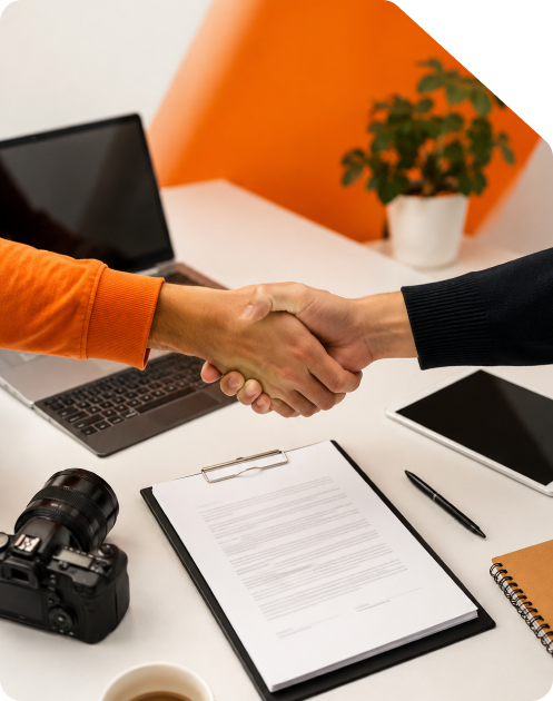 Two professionals shaking hands over an office desk with an open contract document on a clipboard, laptop, DSLR camera, tablet, executive pen, and notebook