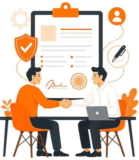 Illustration of a client and freelancer shaking hands across a desk below a large signed contract document clipboard, legal shield badge, gear icon, laptop, and pen