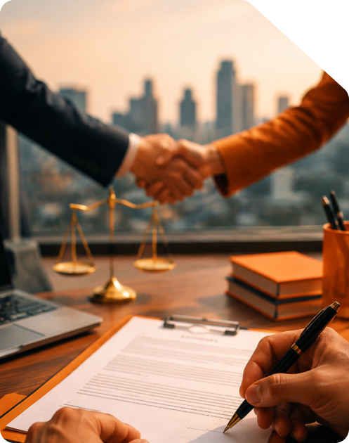Two corporate executives shaking hands over a wooden desk while a professional signs a Master Service Agreement contract alongside a laptop, legal scales of justice, and stacked reference books