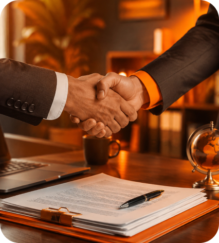 Two corporate executives shaking hands over a legal document clipboard on an executive desk with a laptop, coffee mug, and desktop globe