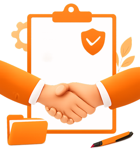 Illustration of two hands shaking in front of a large legal contract document clipboard with an orange checkmark shield, document folder, gear icon, leaves, and pen