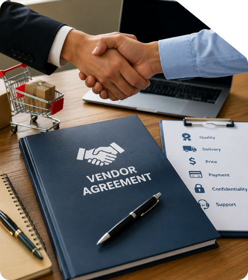 Two professionals shaking hands over a wooden desk with a Vendor Agreement folder, pen, mini shopping cart with parcel box, clipboard listing key terms, and laptop