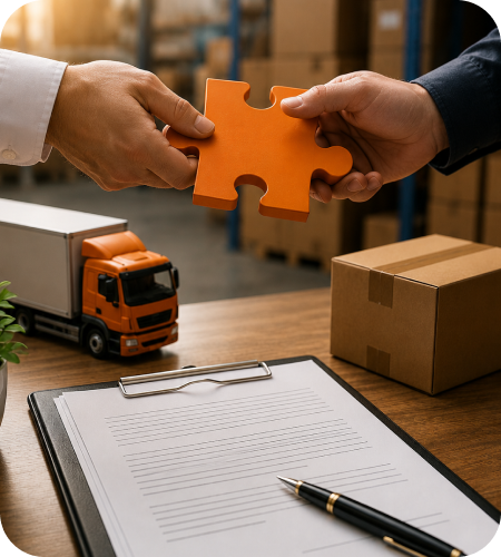 Two hands connecting an orange puzzle piece above a delivery truck model, cardboard box, legal contract clipboard, and pen