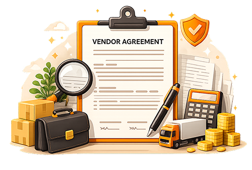 Illustration of a signed Vendor Agreement document on a clipboard alongside a magnifying glass, executive briefcase, parcel boxes, delivery truck model, calculator, money bag, stacked gold coins, pen, and orange security shield badge