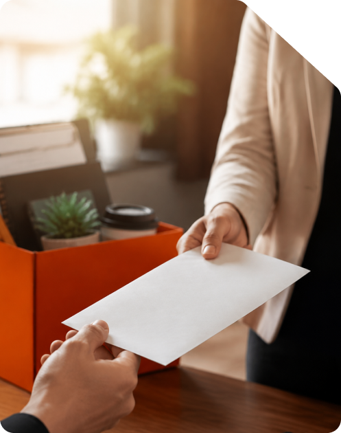 Employee handing over a formal resignation letter in a white envelope across a wooden office desk next to a packed cardboard box with personal office belongings