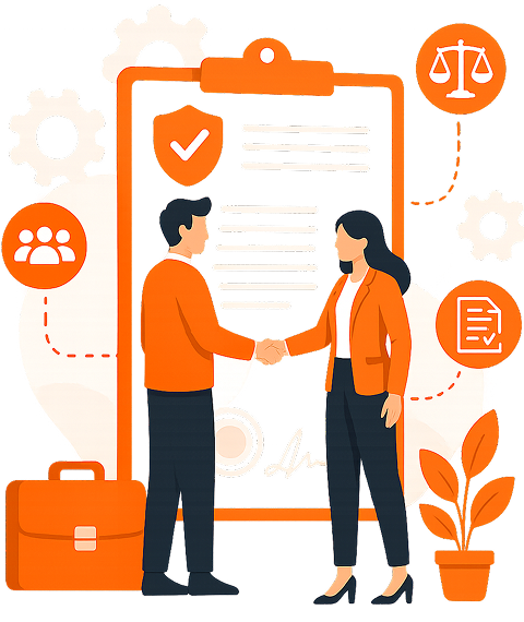 Illustration of an employer and employee shaking hands in front of a large Employment Agreement document clipboard with scales of justice, team badge, briefcase, and legal document icons