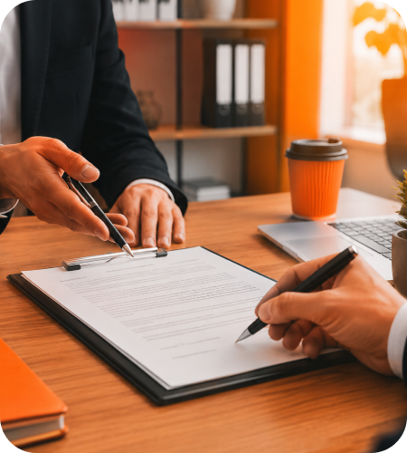 Corporate executive or legal professional signing an Employment Agreement document on a clipboard using an executive pen on a modern desk setup with laptop, orange notebook, and coffee mug