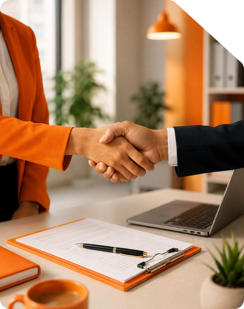 Two corporate professionals shaking hands across an office desk with a signed Employment Agreement contract document on a clipboard, executive pen, coffee mug, orange notebook, and laptop