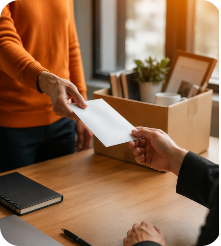 Employee handing a formal white resignation letter envelope to an employer across a wooden desk next to a packed box of office belongings