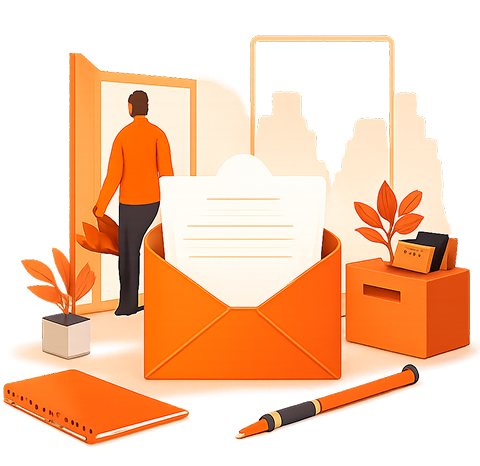 Illustration of a formal resignation letter emerging from an orange envelope on an office desk next to an orange notebook, pen, and an employee stepping through an open door toward city skyscrapers