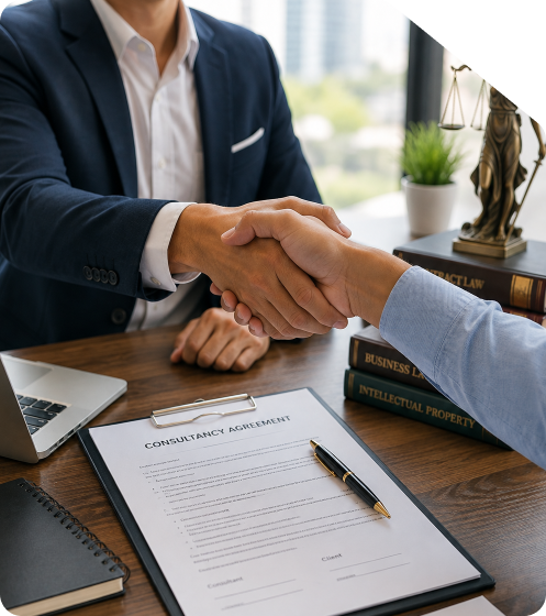 Two corporate professionals shaking hands over a wooden desk with a Consultancy Agreement contract on a clipboard, executive pen, legal books, laptop, and Lady Justice statue