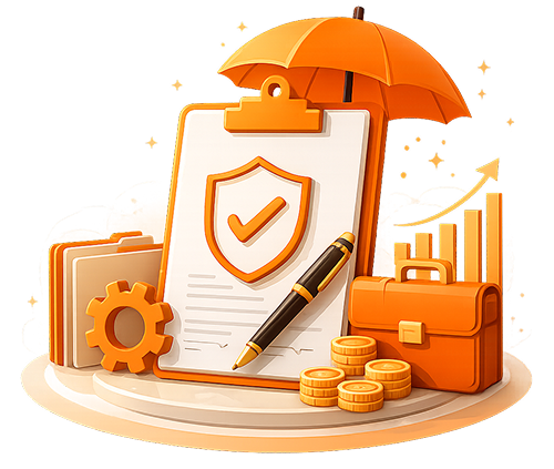 Illustration of a signed legal contract clipboard under a protective umbrella badge with a security shield, executive briefcase, financial growth bar chart, gear icon, document folder, stacked gold coins, and pen