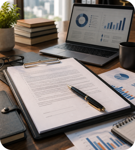 Legal contract document on a leather clipboard with a pen next to a laptop displaying business analytics charts, stacked books, eyeglasses, and financial reports