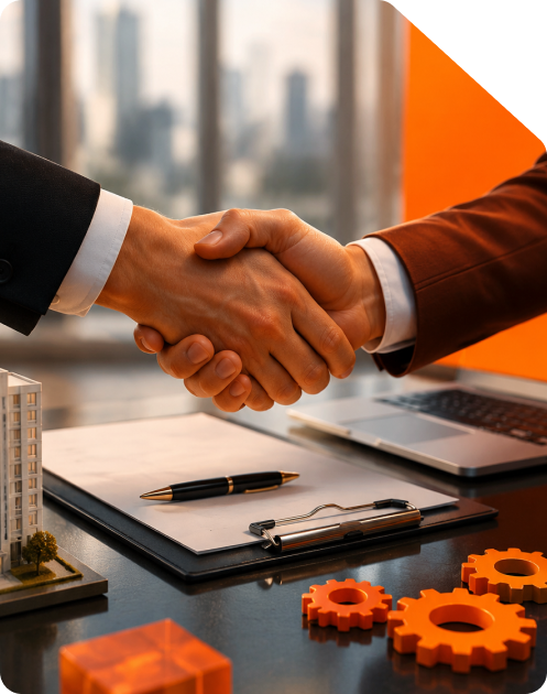 Two corporate business partners shaking hands across a desk over a Joint Venture Agreement contract clipboard, luxury fountain pen, miniature office building model, orange interlocking gears, and laptop