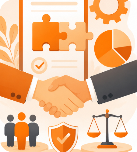 Illustration of two business partners shaking hands with legal agreement document, puzzle pieces, orange pie chart, team members icon, verified shield badge, and scales of justice