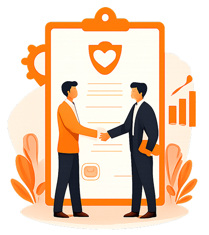 Illustration of two business partners shaking hands in front of a legal Joint Venture Agreement clipboard with heart badge, briefcase, and growth chart bar graph