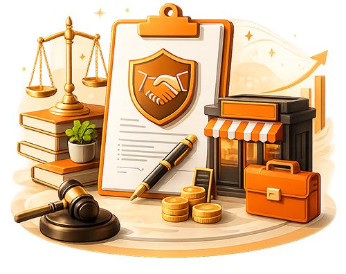 Illustration of a legal contract clipboard with a orange handshake shield badge, brass scales of justice, judge's gavel, executive pen, stack of coins, briefcase, and miniature storefront model