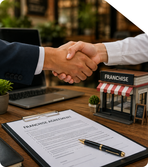 Two business executives shaking hands across a wooden office desk over a printed Franchise Agreement clipboard next to a miniature franchise storefront model and laptop