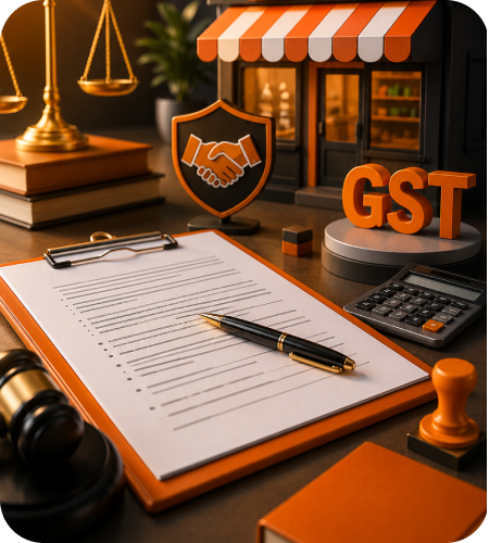 Legal contract document clipboard with luxury pen, brass balance scale, miniature franchise store building model with GST sign, calculator, and wooden gavel