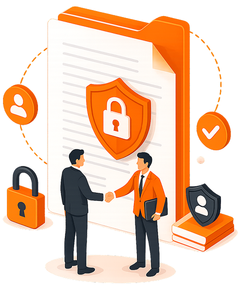 Illustration of two business professionals shaking hands in front of a legal document folder with an orange padlock shield, large padlock, checkmark badge, and stacked legal books