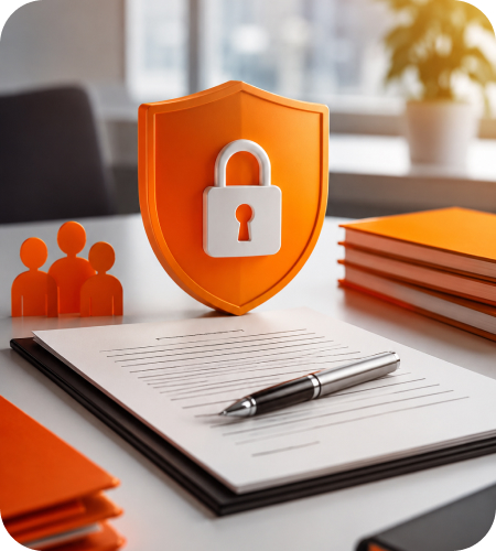 Legal Non-Disclosure Agreement document on a clipboard signed with a luxury pen next to an orange security padlock shield icon, orange workforce figures, and stack of orange folders