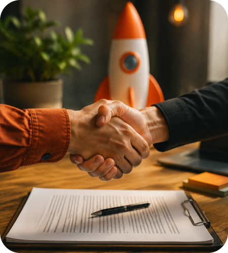 Co-founders shaking hands over a signed Founder's Agreement on a wooden office desk next to an executive pen and a startup rocket launch figure