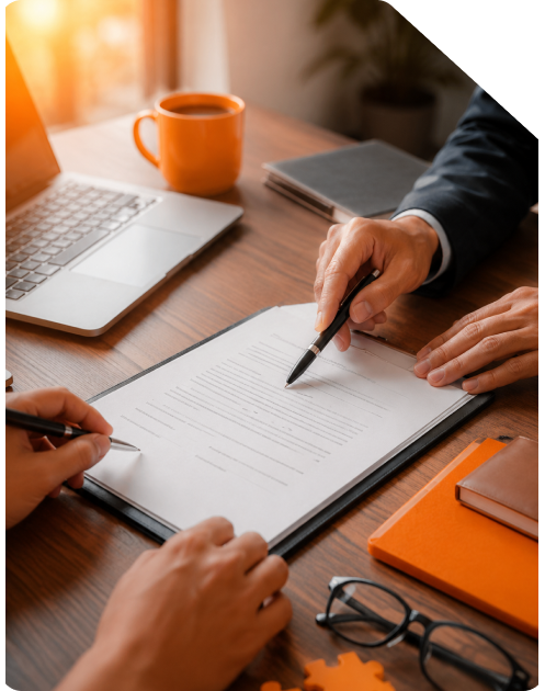 Co-founders reviewing and signing a legal Founder's Agreement on a wooden desk with pens, laptops, orange notebook, and eyeglasses