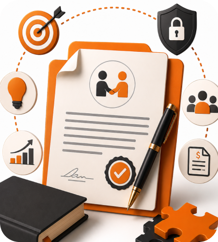 Illustration of an MoU legal contract document on an orange clipboard with a handshake badge, luxury pen, legal notebook, fitting puzzle piece, target icon, security lock, growth chart, and contract checklist