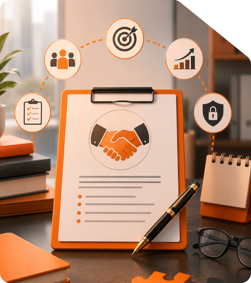 Legal Memorandum of Understanding clipboard on a wooden desk with a handshake badge, executive pen, stack of books, eyeglasses, and circular icons for teamwork, target goal, business growth, security lock, and contract checklist