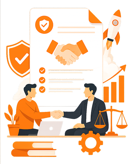 Illustration of co-founders shaking hands in front of a legal Founder's Agreement document on a clipboard with a checkmark badge, launching rocket, orange shield lock, scales of justice, and gear icon