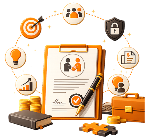 Illustration of a legal MoU contract document clipboard signed with a luxury pen next to an executive briefcase, legal books, coins, puzzle piece, and floating icons for teamwork, security lock, target goal, lightbulb idea, business growth chart, and contract checklist
