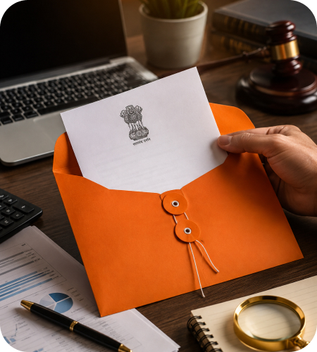 Official Income Tax Department notice letter inside an orange string-tie envelope on a office desk next to a legal gavel, laptop, pen, desk calculator, and magnifying glass