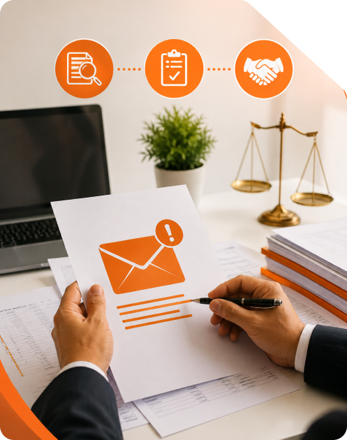 Tax professional reviewing an income tax notice document with orange envelope icon, golden scales of justice, laptop, stacked files, and three step icons for audit analysis, notice review, and resolution handshake
