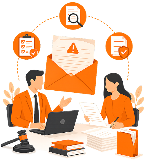 Illustration of tax professionals reviewing tax compliance documents on a desk with laptop, stack of files, legal gavel, and orange alert envelope with process badges for magnifying search, notice checklist, and resolution verification