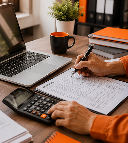 Tax consultant filling out income calculation forms with a pen and calculator alongside an open laptop on a wooden desk