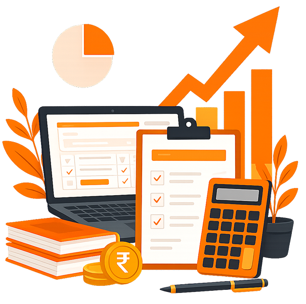 Illustration of a laptop displaying tax forms next to a verified checklist, financial calculator, pie chart, growth arrow, and Rupee coin stack