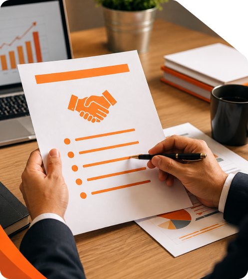 Legal expert reviewing and marking an investment Term Sheet document on an orange header clipboard with a luxury pen next to financial growth charts, laptop, and notebook