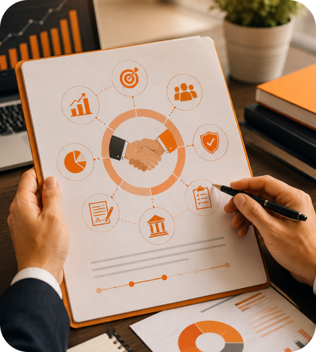 Legal professional pointing a pen at an investment Term Sheet document on an orange clipboard featuring a circular deal process flowchart with handshake icon, growth charts, and corporate team symbols
