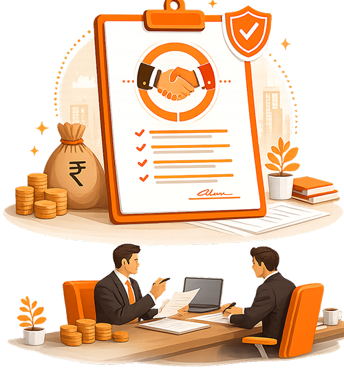 Illustration of business executives negotiating over a desk below a large Term Sheet clipboard with signed handshake badge, orange shield icon, money bag, and financial coin stacks