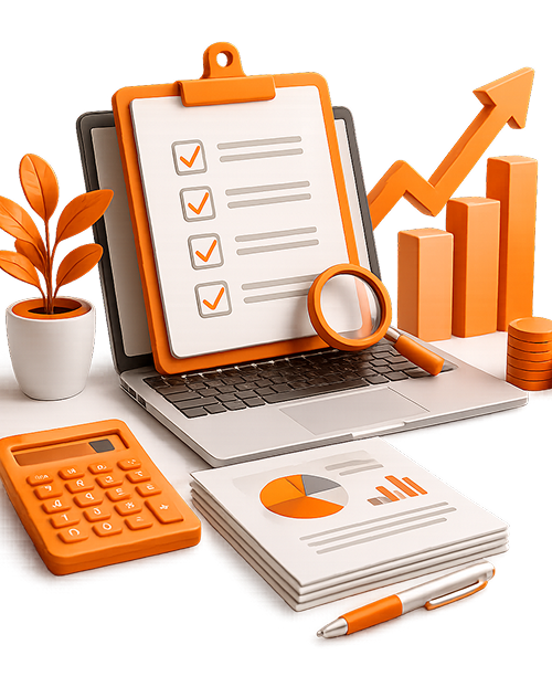 3D illustration of a laptop surrounded by a tax checklist clipboard, calculator, magnifying glass, financial chart documents, and a rising growth arrow