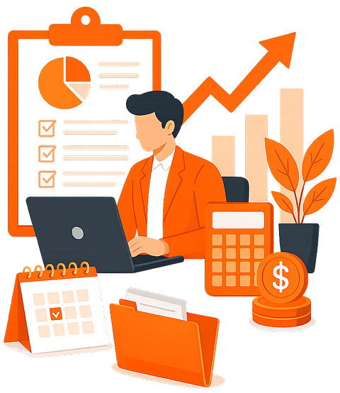 Illustration of a tax professional using a laptop with financial charts, calculator, and documents for business tax return filing