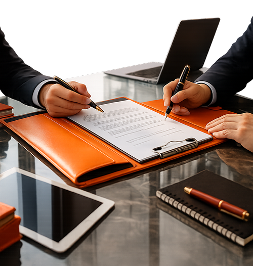Corporate executives signing a Shareholder Agreement document on an orange leather desktop mat with pens and tablet