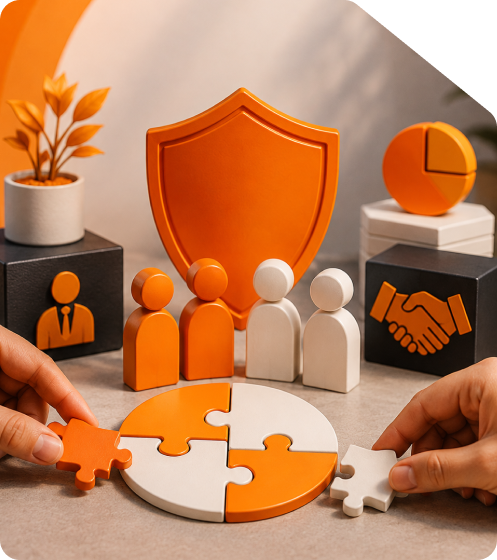 Hands assembling a puzzle with orange shield, row of shareholder figures, executive profile block, and handshake icon on desk