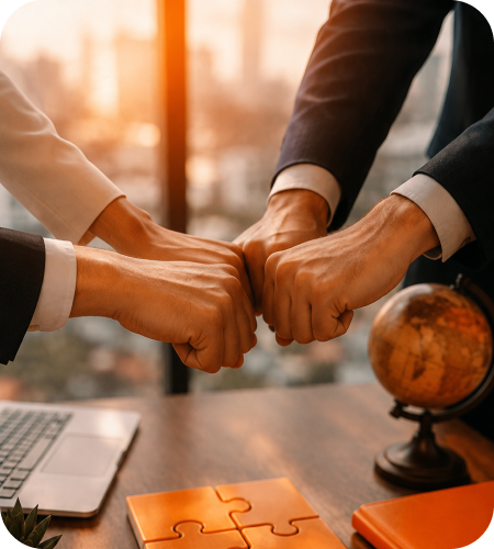 Business partners fist bumping across a desk with connected orange puzzle pieces, laptop, and desktop globe