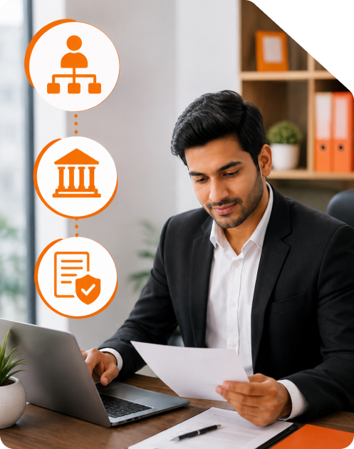 Business executive holding legal conversion documents while working on a laptop with corporate structure, MCA institution, and approved compliance icons